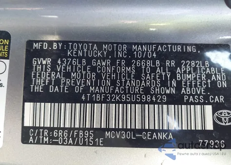 2005 Toyota Camry Le V6 z USA, uszkodzony, nr VIN 4T1BF32K95U598429